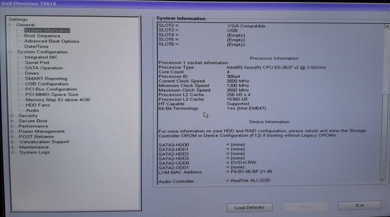 Dell Precision T5610, Xeon E5-2637 v2 @3.5Ghz, 64GB DDR3, No GPU, No HDD