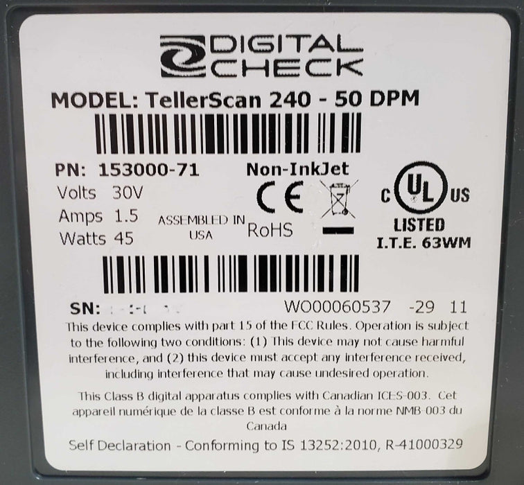 TellerScan TS240 240-50DPM Digital Check Scanner | 153000-71 | *READ*