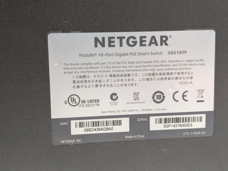 NETGEAR ProSafe 16-Port Gigabit PoE Smart Switch GS516TP with PoE Powered  -
