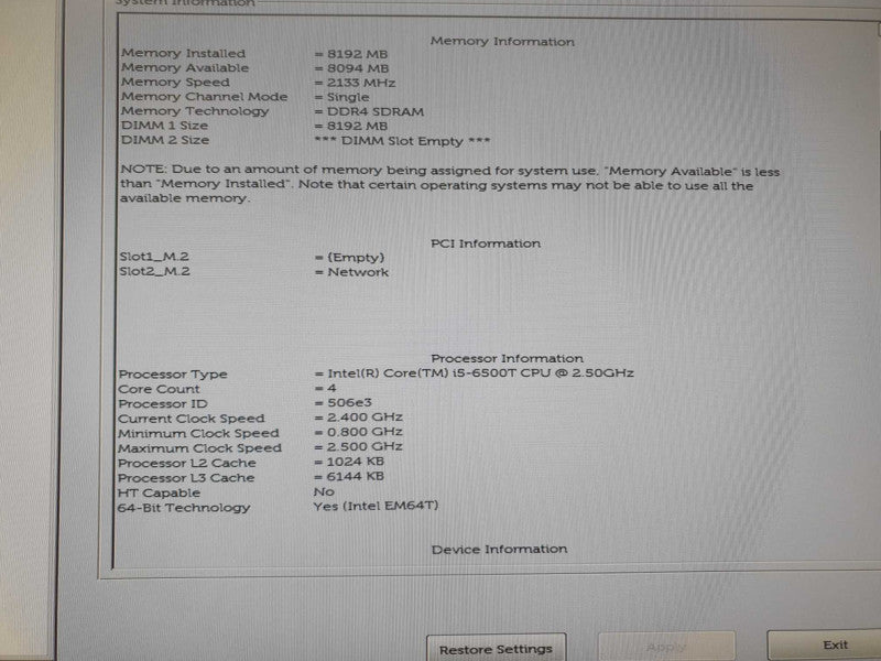 Dell Optiplex 7050 intel i5-6500T @ 2.5GHz 8GB DDR4 USFF Desktop
