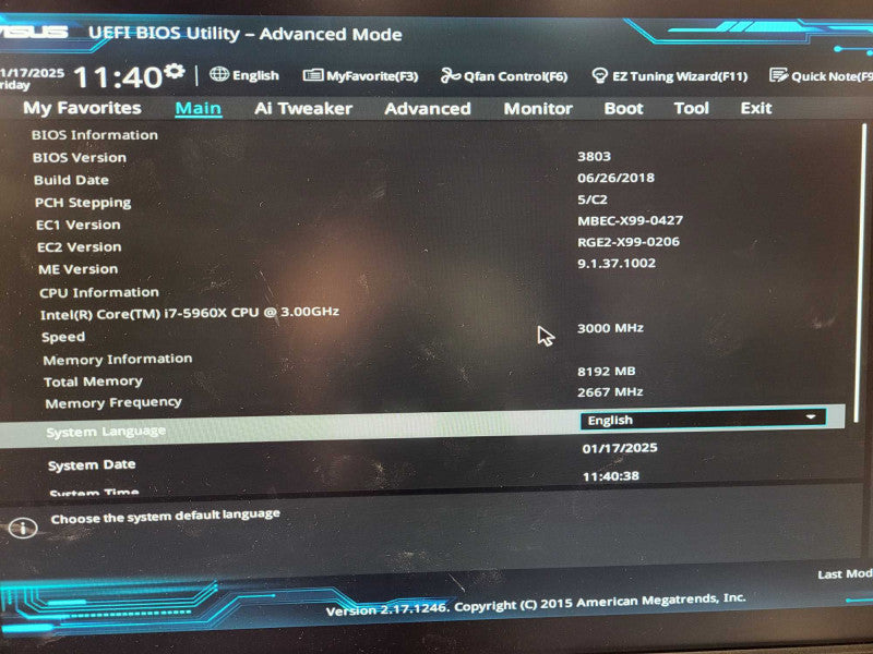 Asus X99-E WS/USB3.1 LGA 2011 V3 X99 MOTHERBOARD w/ i7-5960X, 8GB DDR4 $