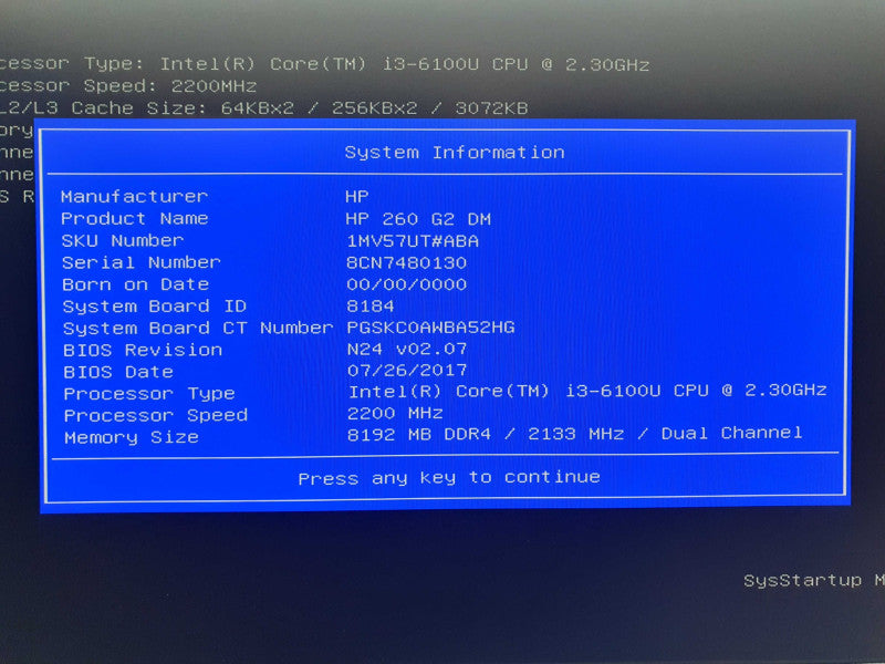 HP 260 G2 DM USFF | i3-6100U @ 2.3GHz | 8GB RAM | No HDD/OS
