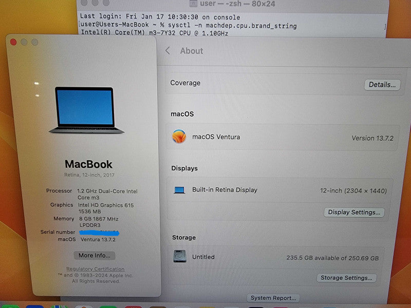 Apple MacBook 2017 12" A1534 | 2-Core m3-7Y32 @1.1GHz 8GB RAM 250GB SSD READ