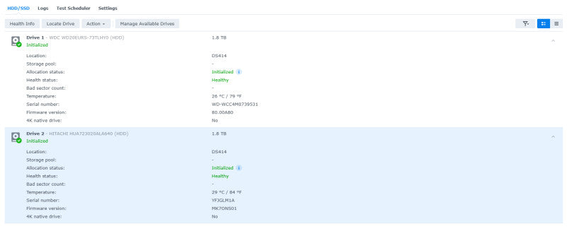 Synology DS414 DiskStation 4-Bays NAS, 2x 2TB HDDs