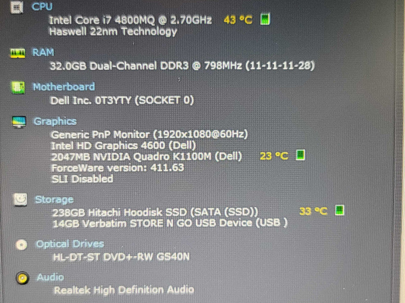 Dell Precision M4800| i7-4800MQ| 32GB DDR4| Quadro K1100M| 256GB mSATA READ β BudLap
