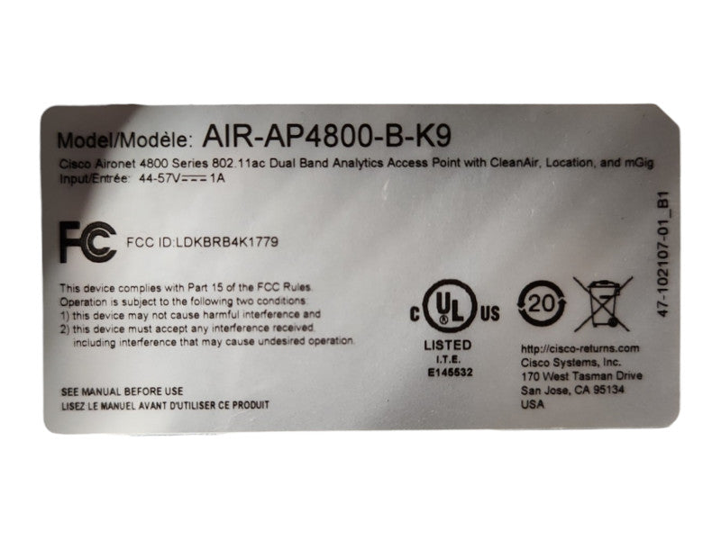 Cisco Aironet AIR-AP4800-B-K9 802.11ac Wireless Access Point