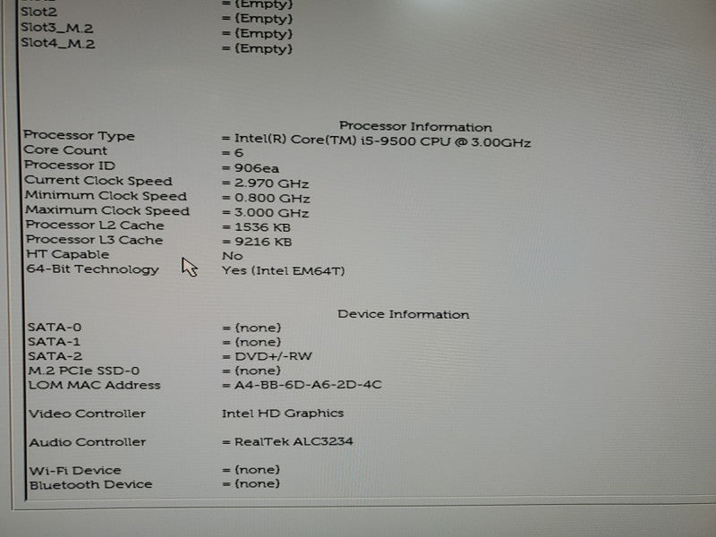 Dell OptiPlex 3070 SFF, i5-9500 CPU @ 3.00 GHz, 8GB Ram No HDD Q