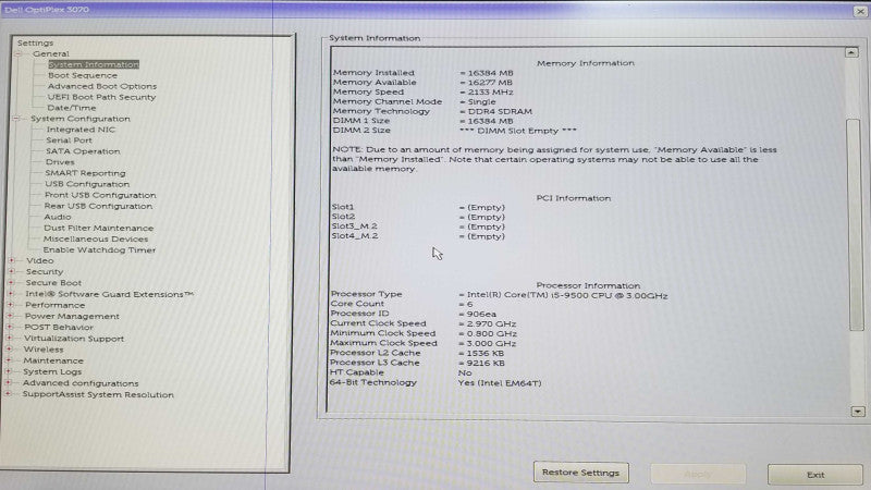 Dell OptiPlex 3070 SFF | Intel Core i5-9500 @ 3.00 GHz | 16GB DDR4 - No HDD