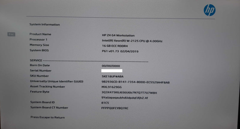 HP Z4 G4, Xeon W-2125 4-Core 4.00GHz 16GB ECC RDDR4 RAM, No GPU, No HDD