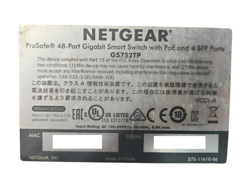 NetGear GS752TP ProSafe 48-Port Gigabit Smart Switch with PoE and 4x SFP Port Q