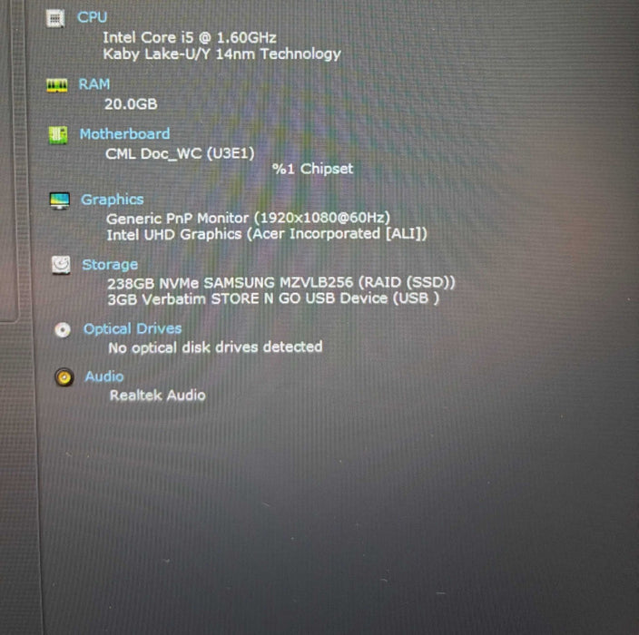 Acer Aspire A515-54  Intel Core i5-10210U@1.6GHz 16GB DDR4 RAM 256GB NVMe SSD  Lap200