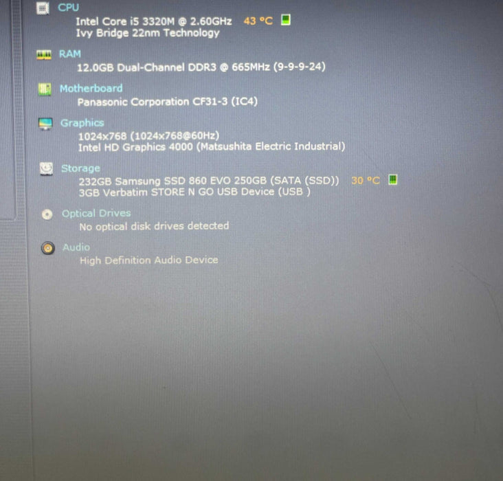 Panasonic TOUGHBOOK CF-31 i5-3320M 8GB RAM 250SSD 11750Hrs READ!
