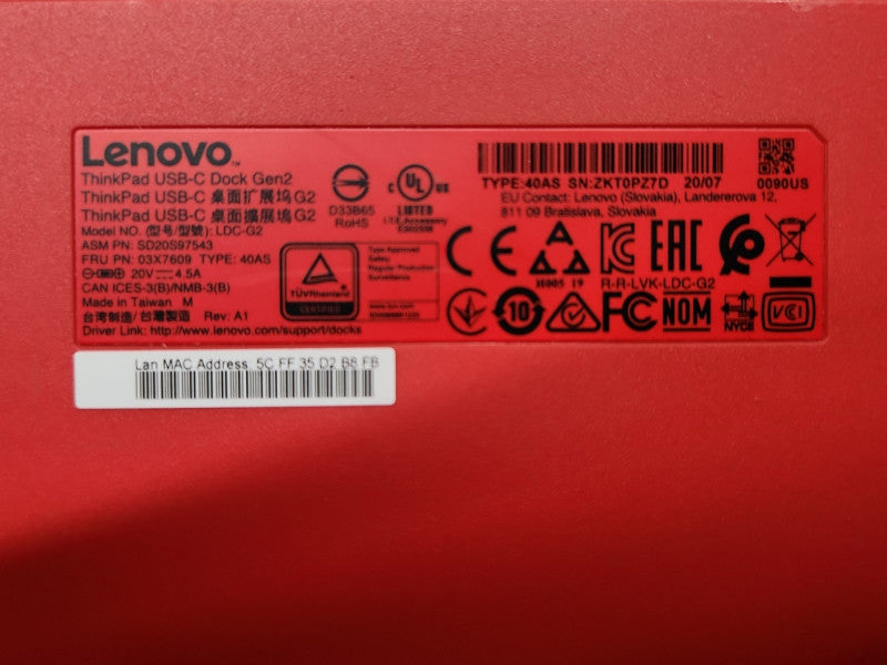 Lenovo ThinkPad USB-C Gen 2 Docking Station LDC-G2 Type 40AS W/ 90W Adapter