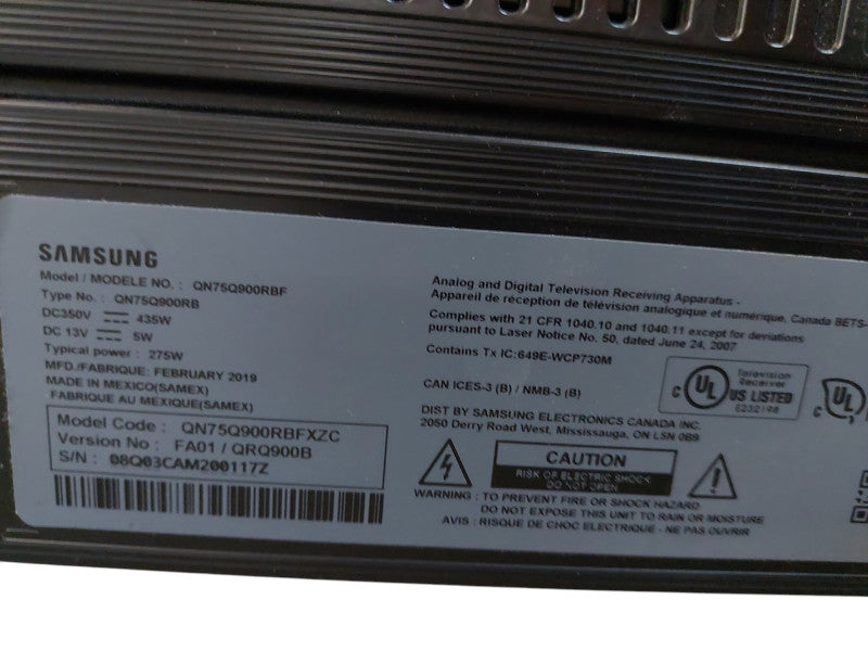 Samsung 8K QLED 75" Tv Model: QN75Q900RBF Takes One Connect Power Cable  =