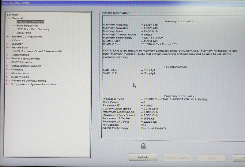 DELL OptiPlex 3080 USFF - Intel i5-10500T @2.30GHz - 16GB RAM - No HDD