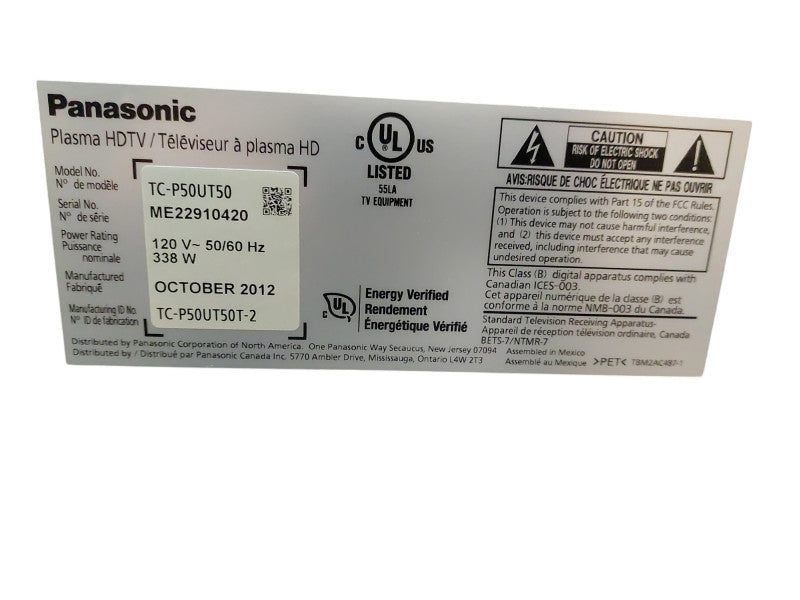 Panasonic Plasma 50" TV Model: TC-P50UT50 with Remote =