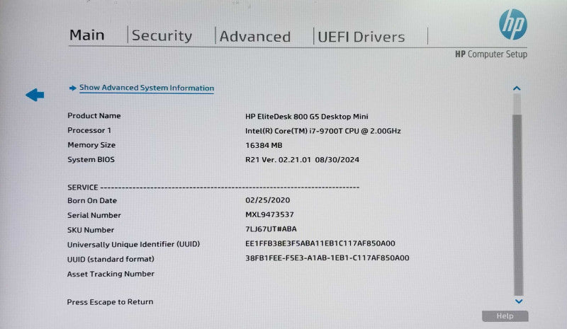 HP ProDesk 800 G5 USFF | Intel i7-9700T @2.0GHz | 16GB RAM - No HDD