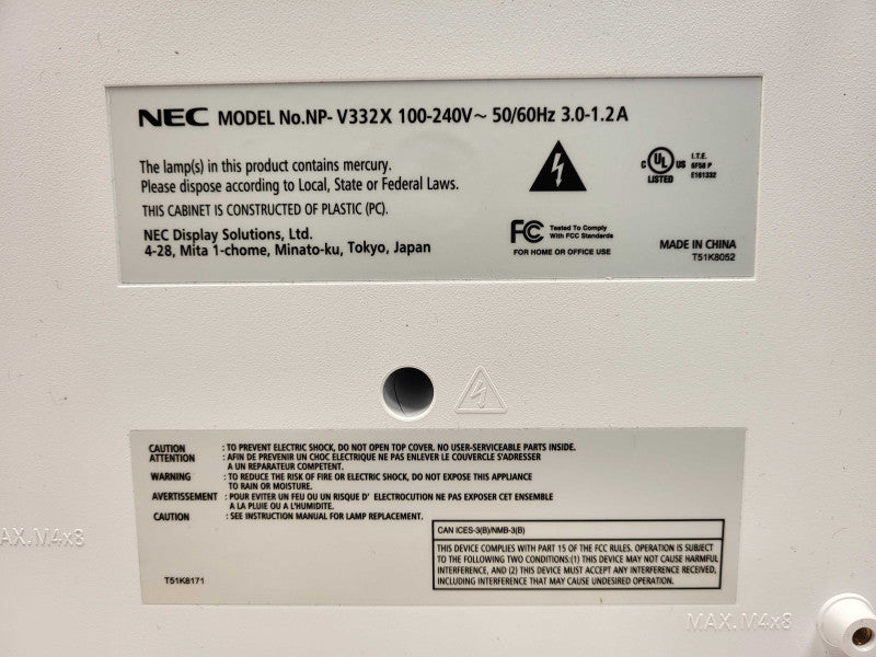 NEC NP-V332X XGA DLP 3300 Lumens Projector  Lamp Hours: 21h  $
