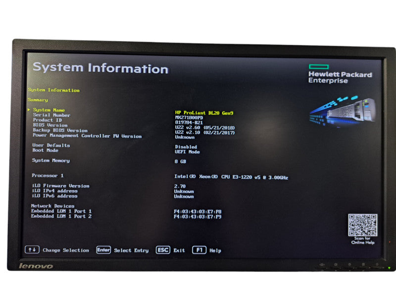 HP ProLiant DL20 Gen9 | Xeon E3-1220 v5 @3.00GHz, 8GB DDR4, B140i RAID
