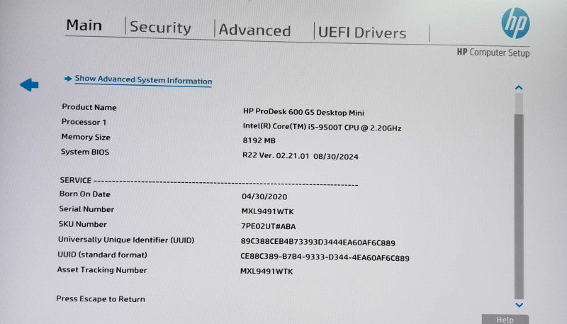 HP ProDesk 600 G5 USFF | Intel i5-9500T @2.20GHz | 8GB RAM - No HDD\t Q