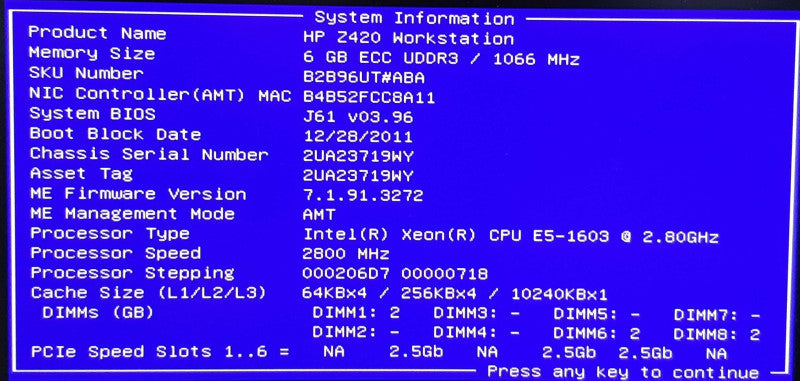 HP Z420 Workstation, Xeon E5-1603 2.8GHz, 6GB ECC DDR3, Quadro 2000, No HDD