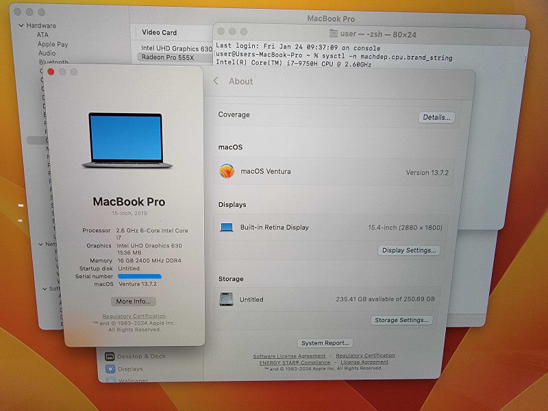 Apple MacBook 2019 15" A1990 |i7-9750H @2.6GHz 16GB RAM 256GB SSD Radeon READ