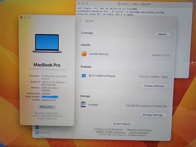Apple MacBook Pro A1706 2017 13" | i5-7267U @3.1GHz | 8GB DDR3 | 250GB SSD