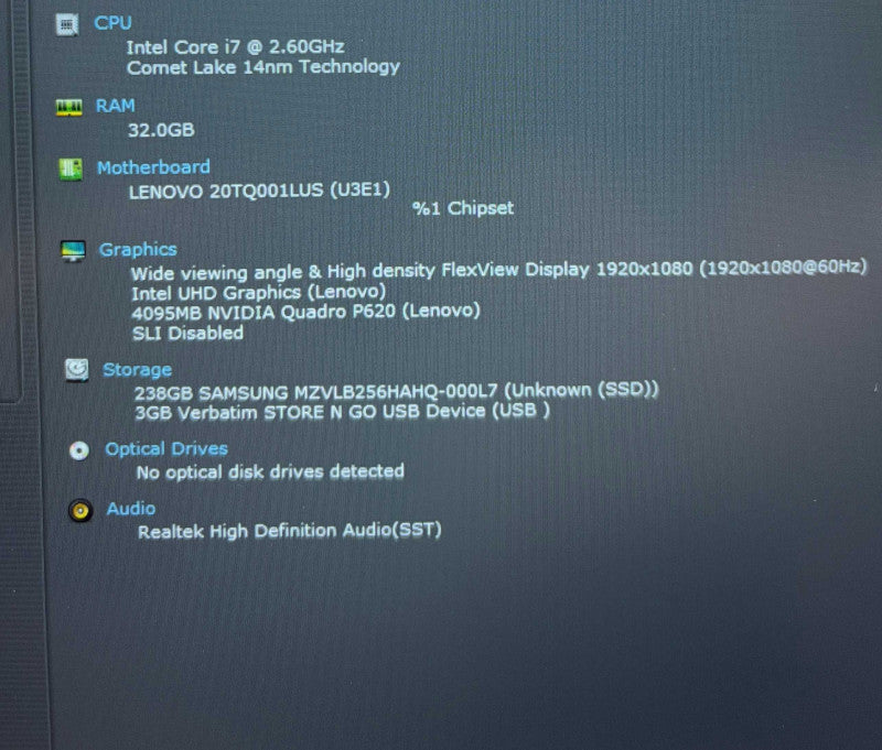 Lenovo ThinkPad P15v i7-10750H@2.6GHz QUADRO P620 4GB GPU 16GB  256SSD READ!  Lap200