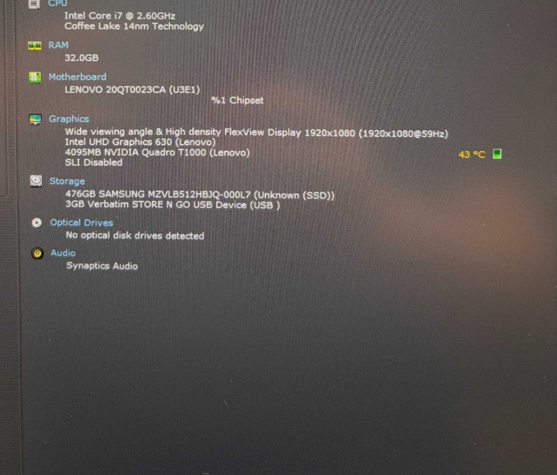 Lenovo ThinkPad P1 i7-9750H QUADRO T1000 16GB RAM 256GB SSD FRENCH KEYBOARD  Lap200