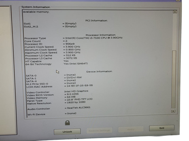 Dell OptiPlex 7450 AIO Intel i3-7100 3.90GHz 16GB RAM NO HDD No Stand [READ]