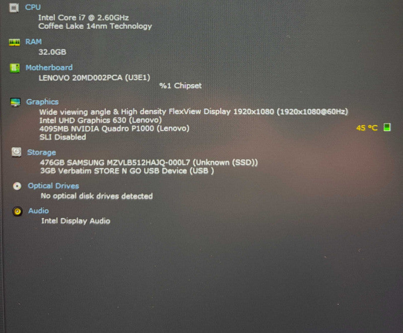 Lenovo ThinkPad P1 i7-8850H QUADRO P1000 16GB RAM 256SSD FRENCH KEYBOARD  Lap200