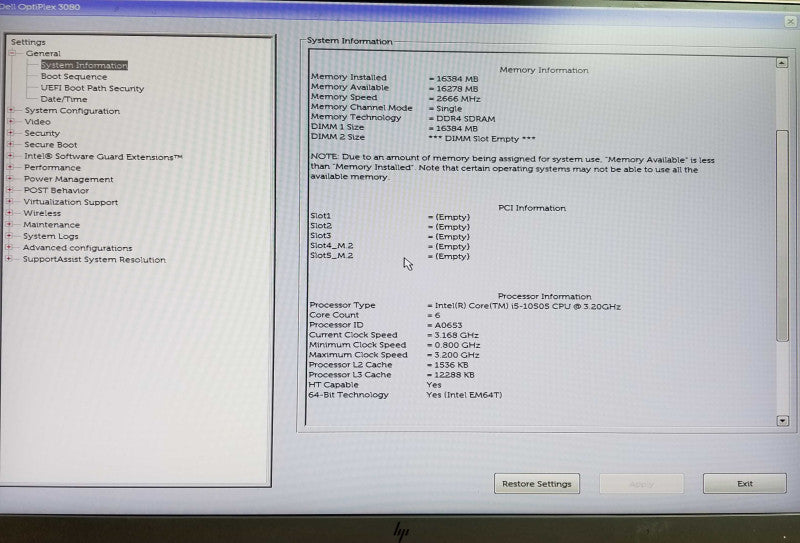 Dell Optiplex 3080 Tower | i5- 10505 CPU @ 3.20GHz | 16GB DDR4- No HDD/SSD