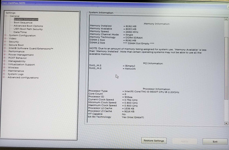 DELL OptiPlex 5070 USFF - Intel i5-9500T @2.20GHz - 8GB RAM - No HDD