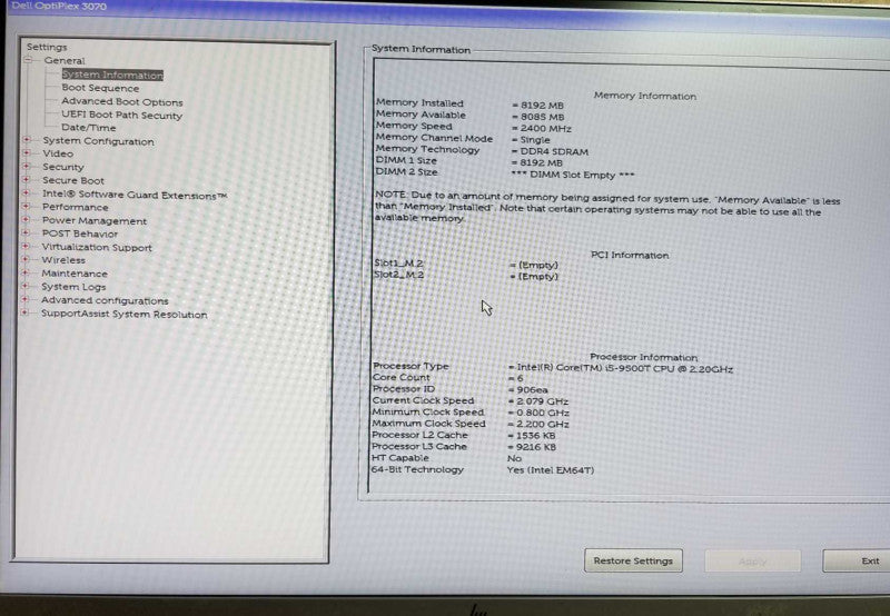 DELL OptiPlex 3070 USFF - Intel i5-9500T @2.20GHz - 8GB RAM - No HDD [READ] Q