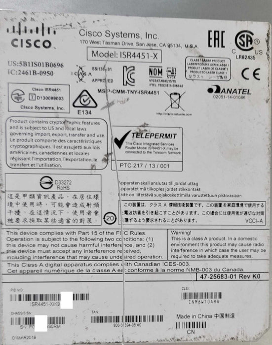 CISCO ISR4451-X/K9 Integrated Services Router with 2x Power supplies, SEE _