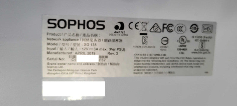 Sophos XG 135 Rev.3 Network Security Firewall, No Power adapter, READ _