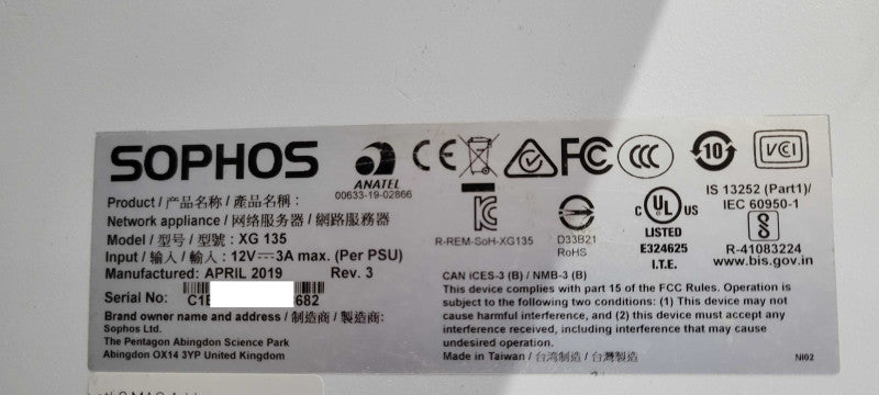 Sophos XG 135 Rev.3 Network Security Firewall, No Power adapter, READ _