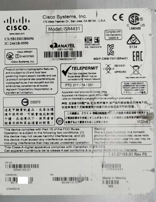 Cisco ISR4431/K9 4-Port Gigabit Integrated Service Router 2x Power Supplies,  _