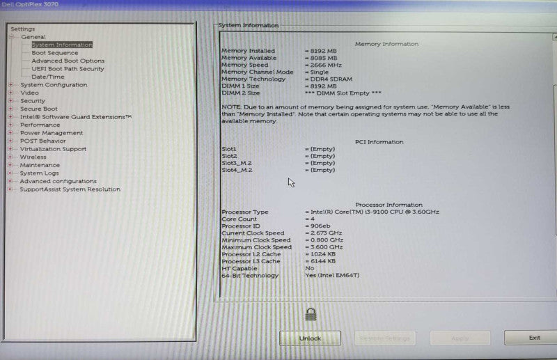 Dell OptiPlex 3070 SFF | Intel Core i3-9100 @ 3.60 GHz | 8GB DDR4 - No HDD