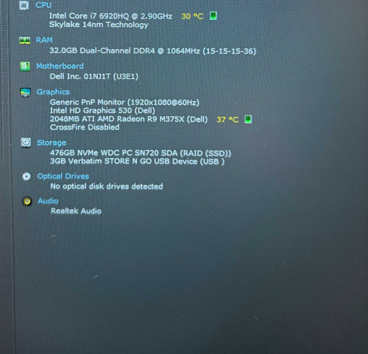 Dell Precision 7510 i7-6920HQ RADEON R9 M375X 2GB GPU 32GB RAM 512GB SSD READ  Lap200