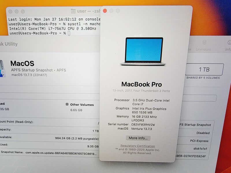Apple Macbook Pro 2017 13" 2-Core i7-7567U @ 3.5GHz 16GB DDR3 1TB SSD (