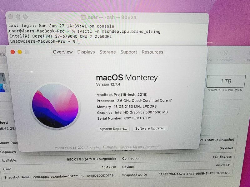 Apple Macbook Pro 2016 15" 4-Core i7-6700HQ @ 2.6GHz 16GB DDR3 1TB SSD (