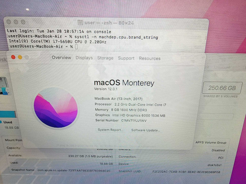 Apple Macbook Air 2017 13" 2-Core i7-5650U @ 2.2GHz 8GB DDR3 250GB SSD (
