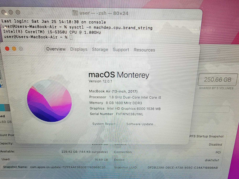 Apple Macbook Air 2017 13" 2-Core i5-5350U @ 1.8GHz 8GB DDR3 250GB SSD (