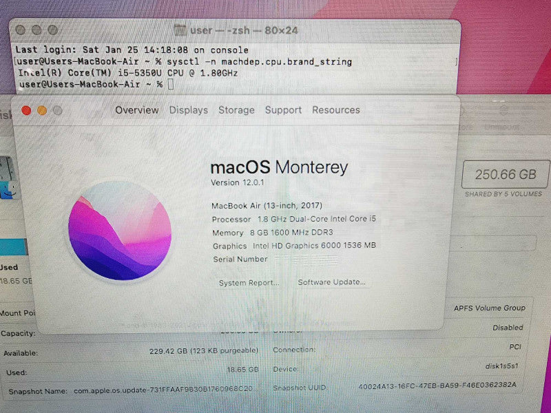 Apple Macbook Air 2017 13" 2-Core i5-5350U @ 1.8GHz 8GB DDR3 250GB SSD (