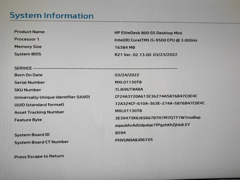 HP EliteDesk 800 G5 Desktop Mini, i5-9500 @ 3.0GHz, 16GB DDR4, No HDD/OS Q