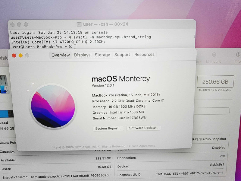 Apple Macbook Pro Retina 2015 15" 4-Core i7-4770HQ @ 2.2GHz 16GB DDR3 250GB SSD (