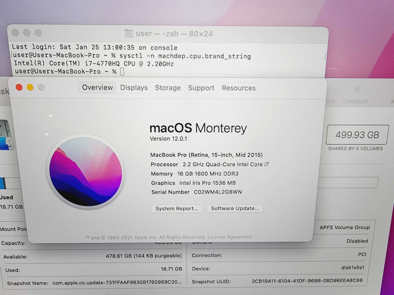 Apple Macbook Pro Retina 2015 15" 4-Core i7-4770HQ@2.2GHz 16GB DDR3 250GB SSD (