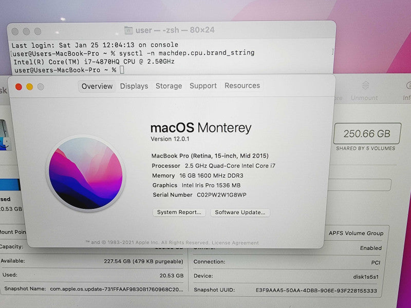 Apple Macbook Pro Retina 2015 15" 4-Core i7-4870HQ@2.5GHz 16GB DDR3 250GB SSD (