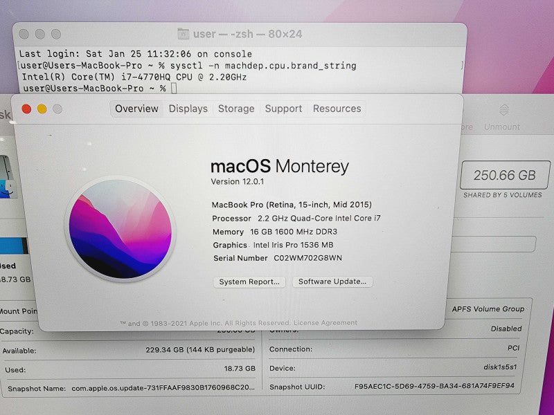 Apple Macbook Pro Retina 2015 15" 4-Core i7-4770HQ@2.2GHz 16GB DDR3 250GB SSD (